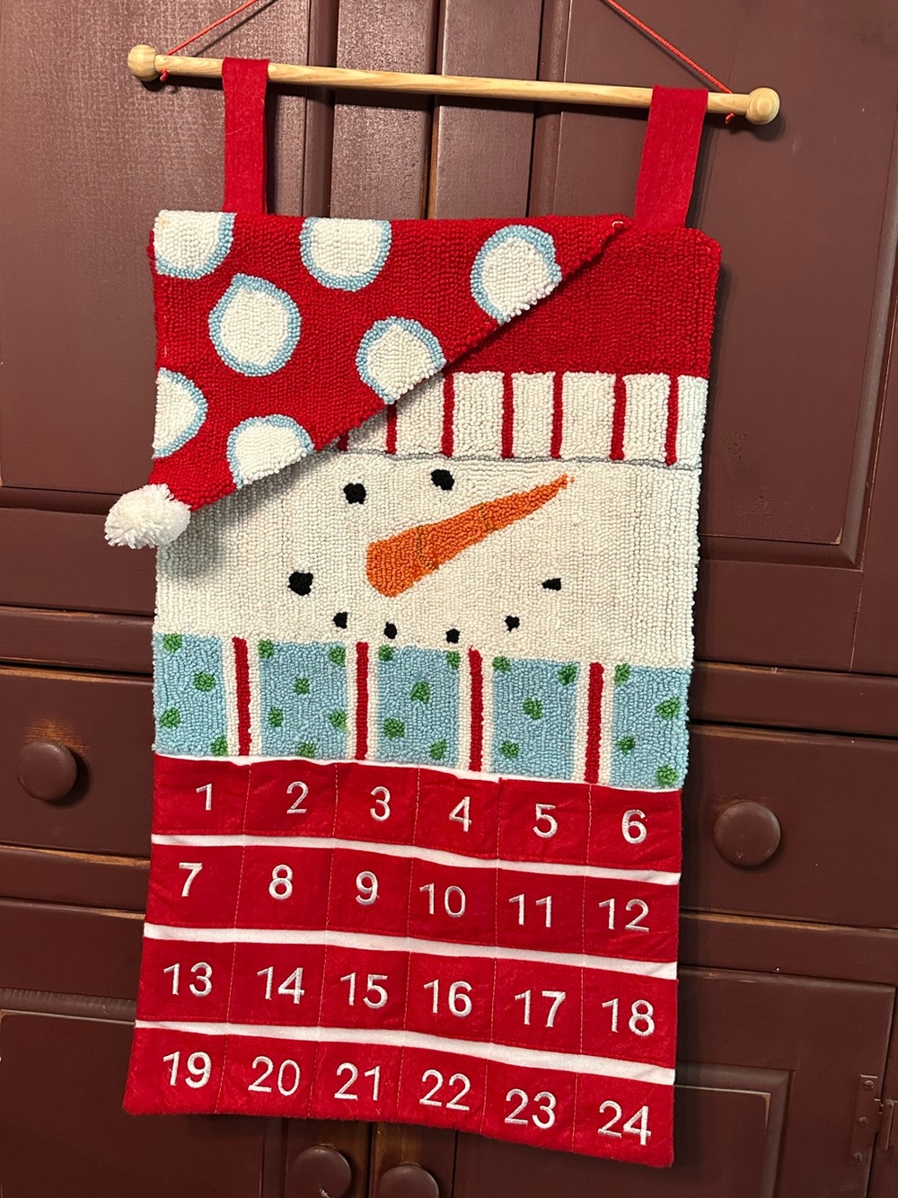 Textured Hooked Fabric Red Snowman Advent Calendar Wall Hanging